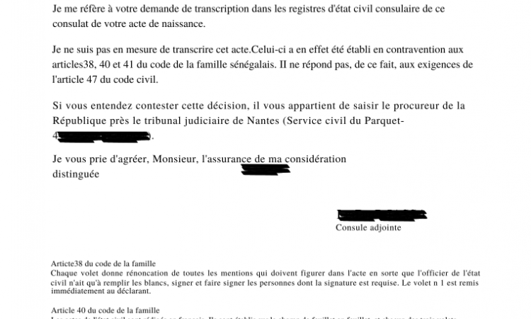 Exemple de lettre de refus de transcription d'acte de naissance